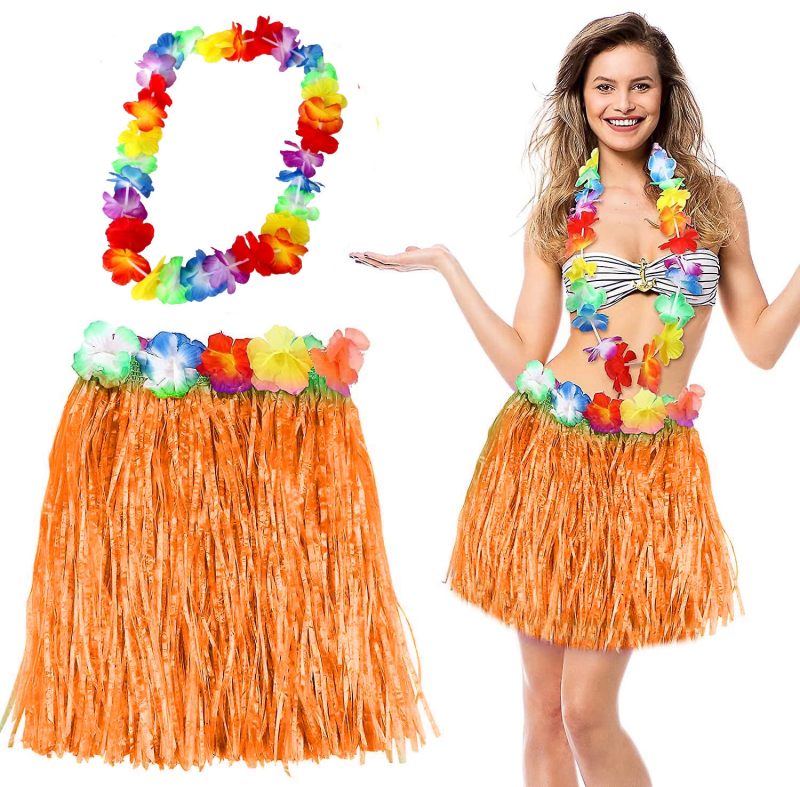 Hawaii Luau Aloha Turuncu Püsküllü 40 Cm Etek Ve Hawaii Kolye Seti