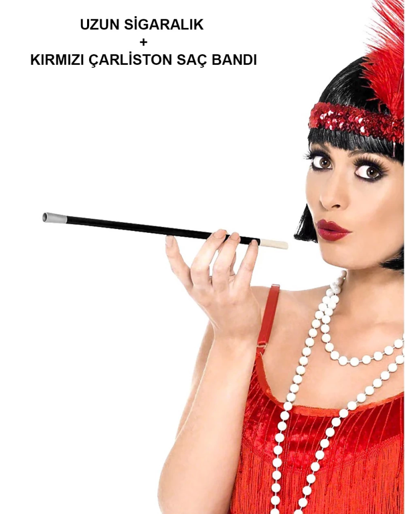 192039ler 199039lar Gatsby Kadın Aksesuar Seti – Kırmızı Charleston Saç Bandı Ve Lık