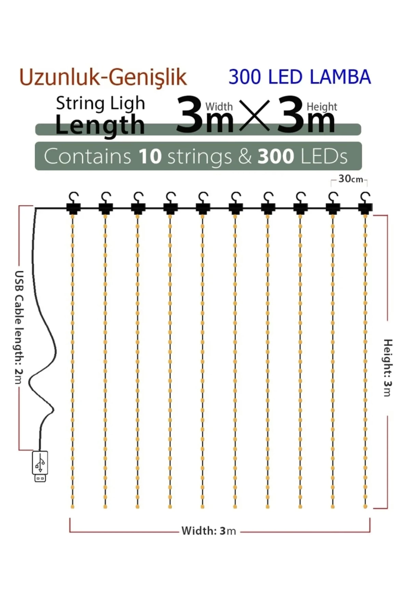 8 Fonksiyonlu Peri Perde Led Uzaktan Kumandalı Günışığı Perde Peri Led (3 Mt X 3 Mt) - Görsel 3