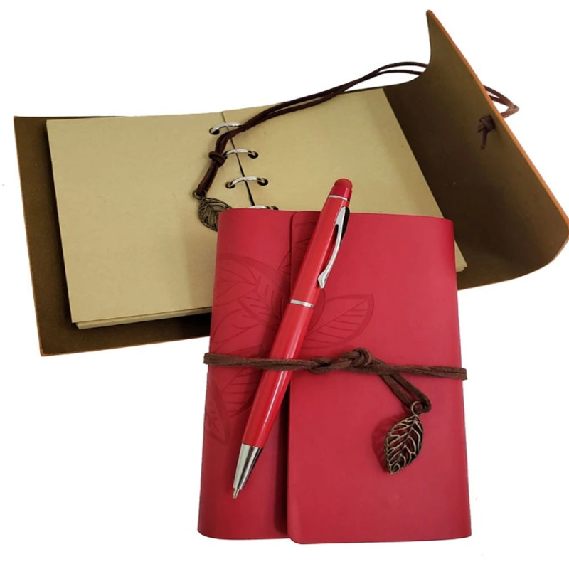 Ahşap Kutulu Kırmızı Deri Defter Ve Metal Kalem Set - Görsel 2