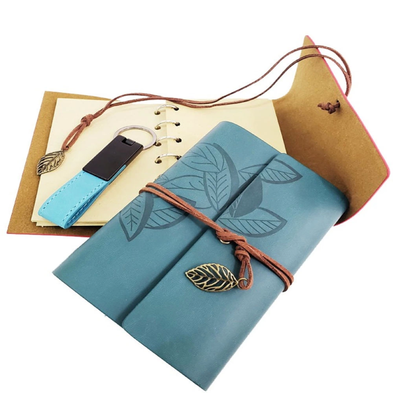Ahşap Kutulu Mavi Deri Defter Ve Anahtarlık Set - Görsel 2