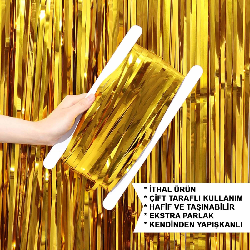 Altın Gold Renk Ekstra Metalize Parlak Saçaklı Arka Fon Perde İthal A Kalite 1x2 Metre - Görsel 5
