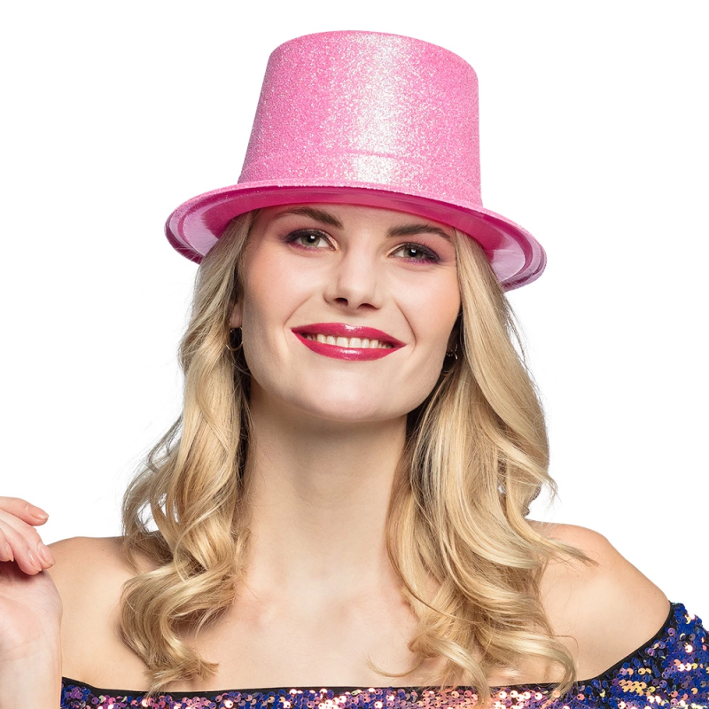 Floresan Pembe Renk Simli Uzun Fötr Melon Şapka 12 Cm - Görsel 2