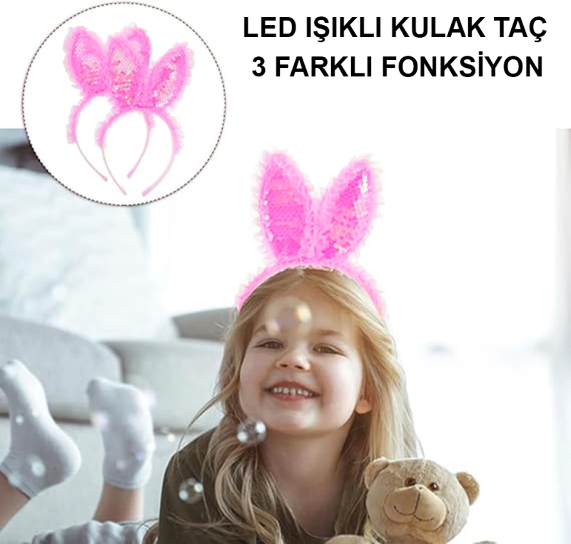 Kenarları Dantelli Fuşya Pullu Payetli Led Işıklı Tavşan Kulak Taç 23x19 Cm - Görsel 4