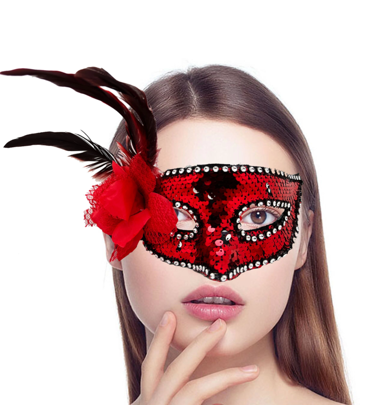 Kırmızı Renk Yandan Tüylü Güllü Gümüş Taşlı Pullu Maske 20x22 Cm - Görsel 2