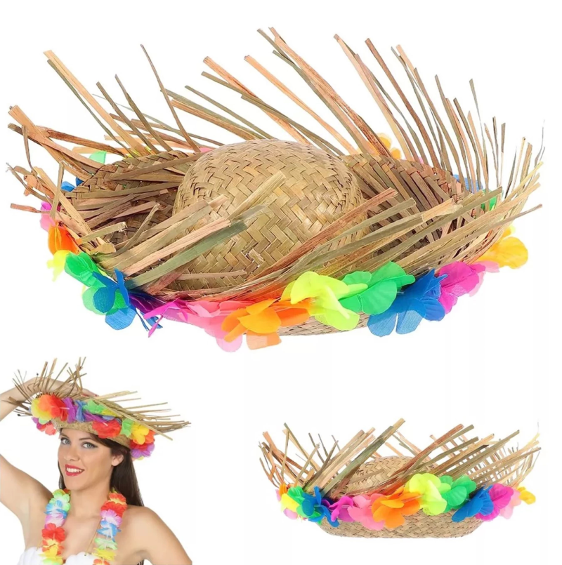Naturel Renk Püsküllü Örme Hasır Hawaii Luau Aloha Şapka 13x36 Cm - Görsel 2