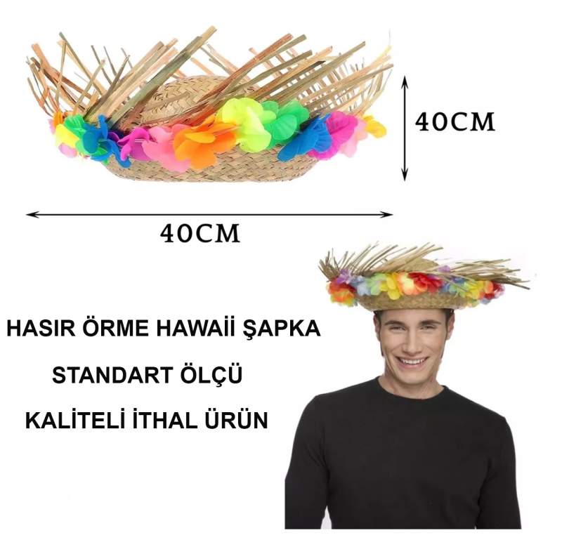 Naturel Renk Püsküllü Örme Hasır Hawaii Luau Aloha Şapka 13x36 Cm - Görsel 4