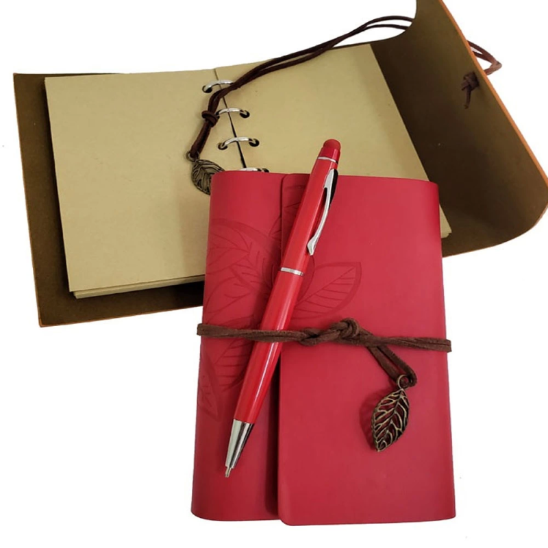 Özel Ahşap Kutulu Kırmızı Deri Defter Ve Kalem Set - Görsel 2