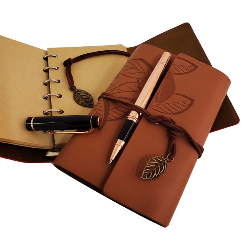 Özel Ahşap Kutulu Taba Deri Defter Ve Bakır Roller Kalem Set - Görsel 2