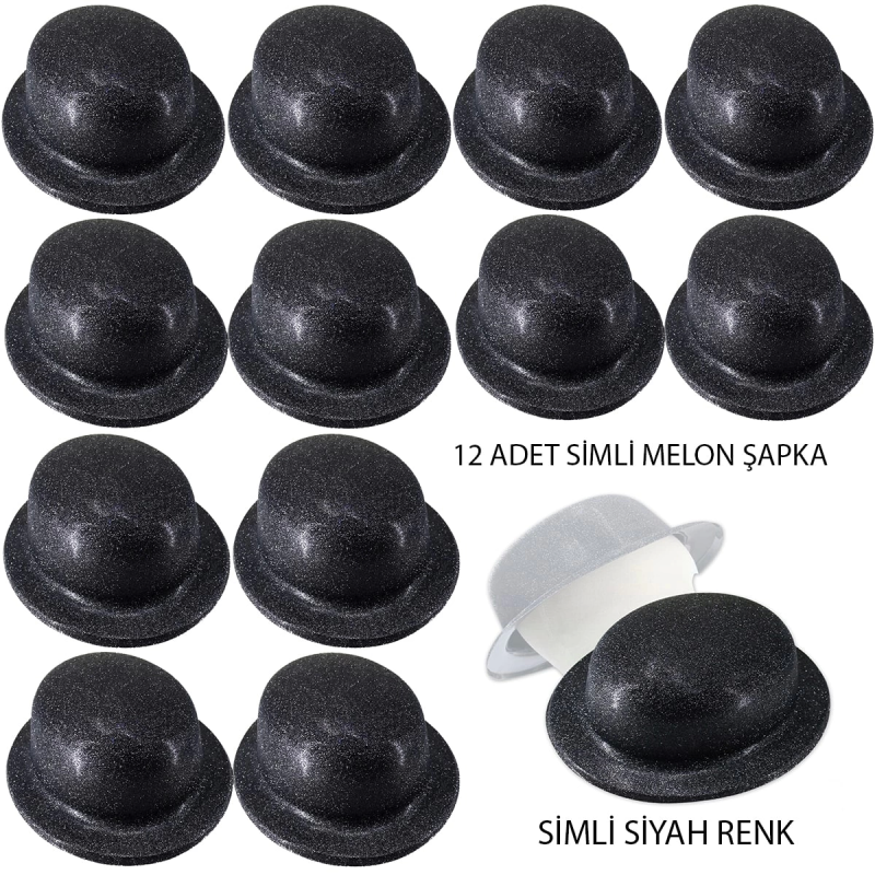 Siyah Renk Simli Melon Yulak Parti Şapkası 12 Adet