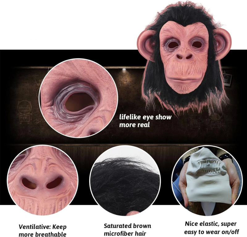 Siyah Saçlı Kafaya Tam Geçmeli Lateks Şempanze Maskesi - Lateks Maymun Orangutan Goril Maske Et Maske - Görsel 4