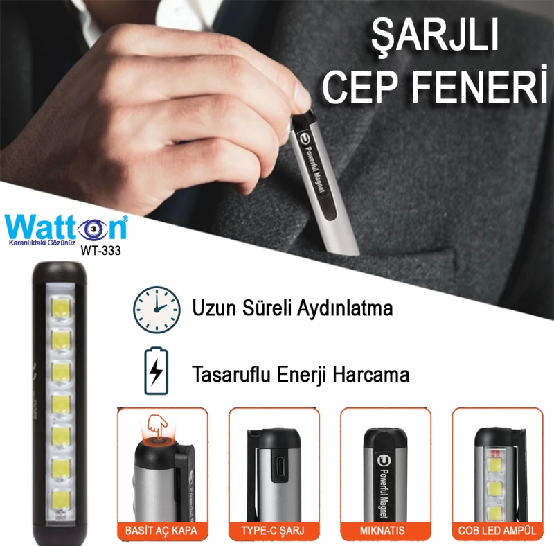 Type-c Girişli Mıknatıslı Şarjlı Cep Feneri  Wt-333 - Görsel 5