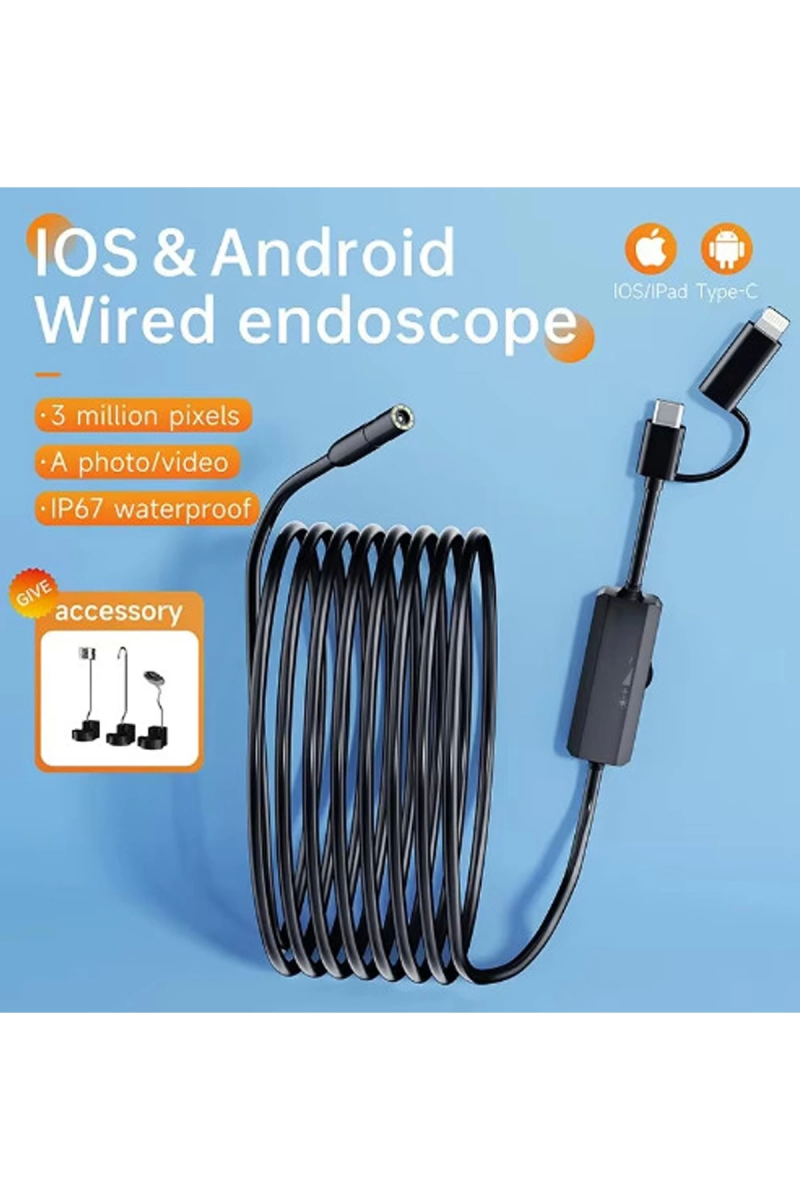 5 Metre Endoskop Yılan Video Kamera Ios Ve Android Uyumlu Led’li 8 Mm Sert Kablo 2mp - Görsel 2