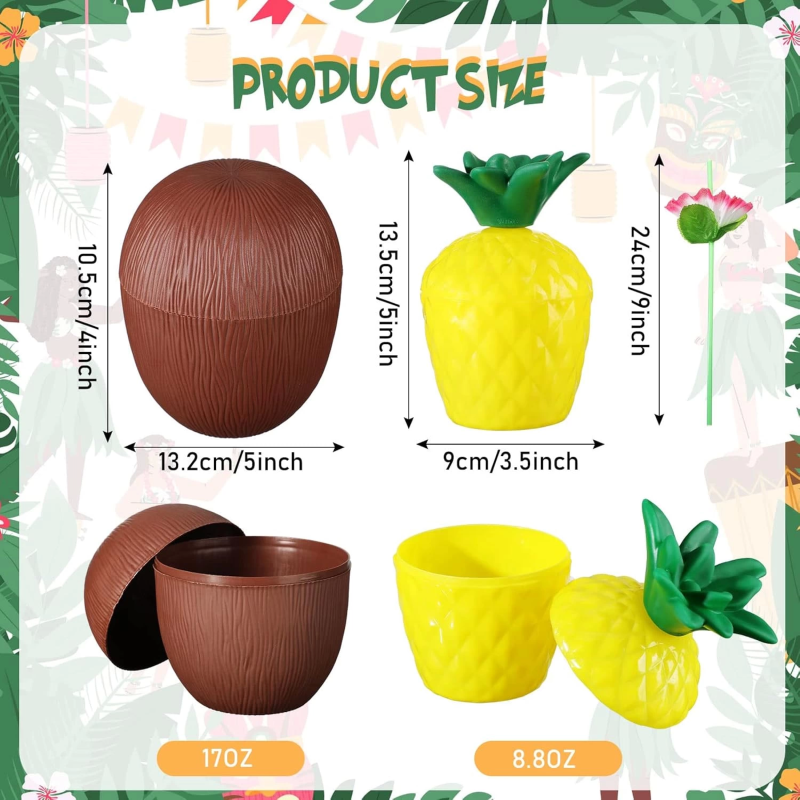 Ananas  Hindistan Cevizi Tasarımlı Pipetli Bardak Seti (6 Adet) - Görsel 2