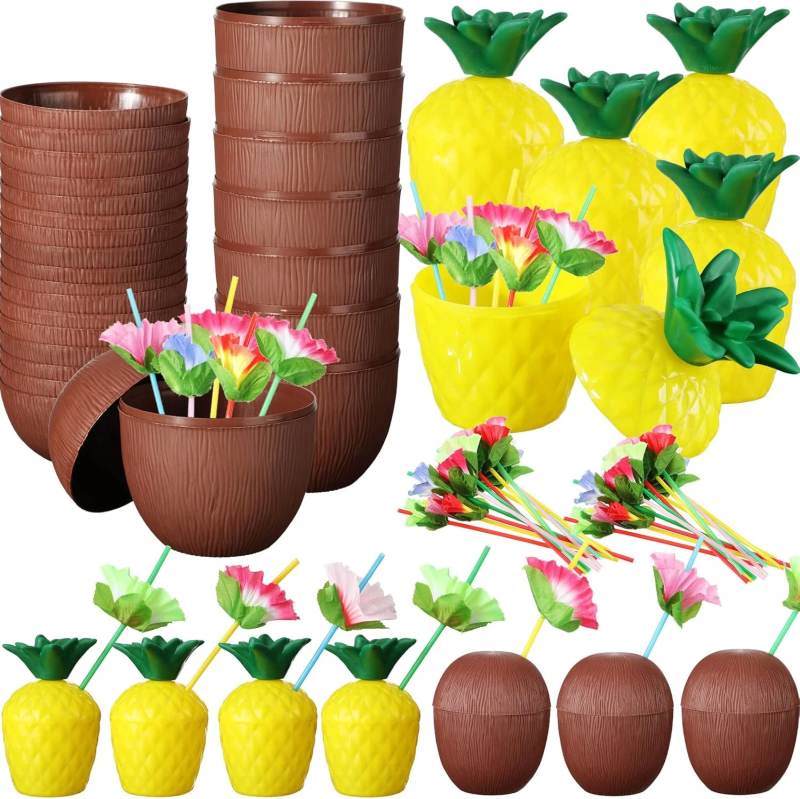 Ananas  Hindistan Cevizi Tasarımlı Pipetli Bardak Seti (6 Adet) - Görsel 4