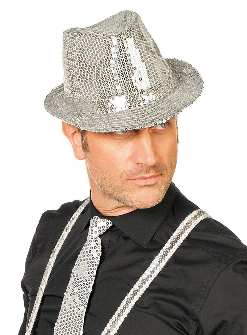 Disko Star Gümüş Payetli Fötr Şapka Yetişkin Boy - Görsel 2
