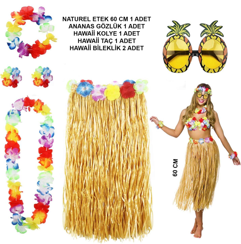 Hawaii Parti Kostüm Seti - 60 Cm Hasır Etek