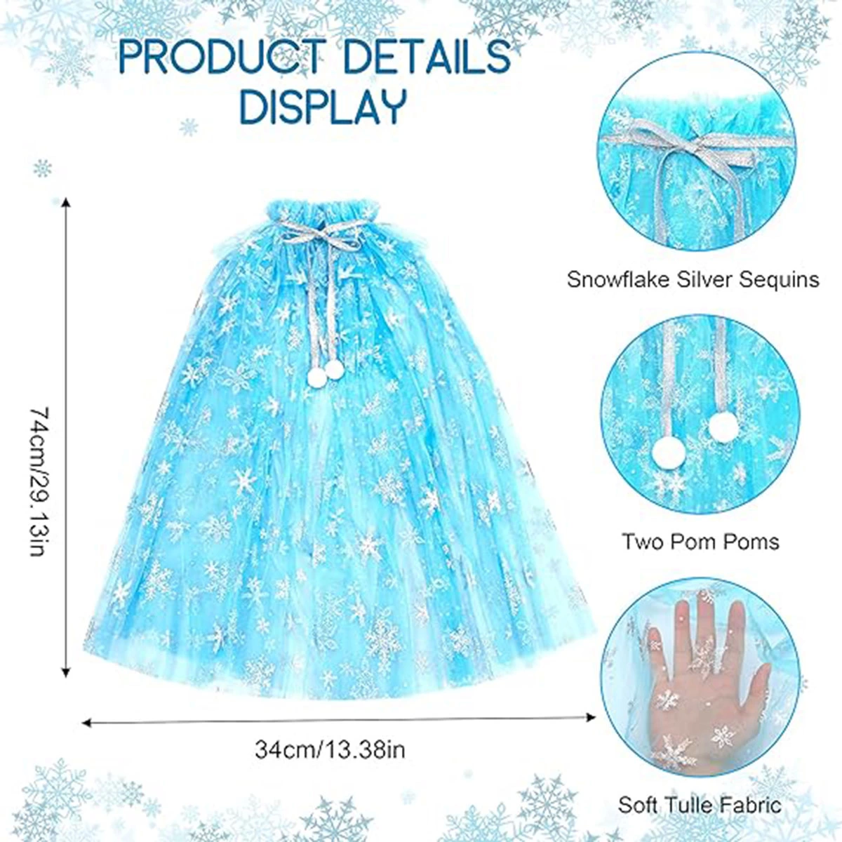 Karlar Ülkesi Elsa Frozen Mavi Pelerin – 80 Cm Kar Desenli Çocuk Pelerini ( Taç Hariç ) - Görsel 3