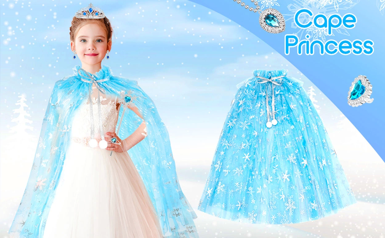 Karlar Ülkesi Elsa Frozen Mavi Pelerin – 80 Cm Kar Desenli Çocuk Pelerini ( Taç Hariç ) - Görsel 4