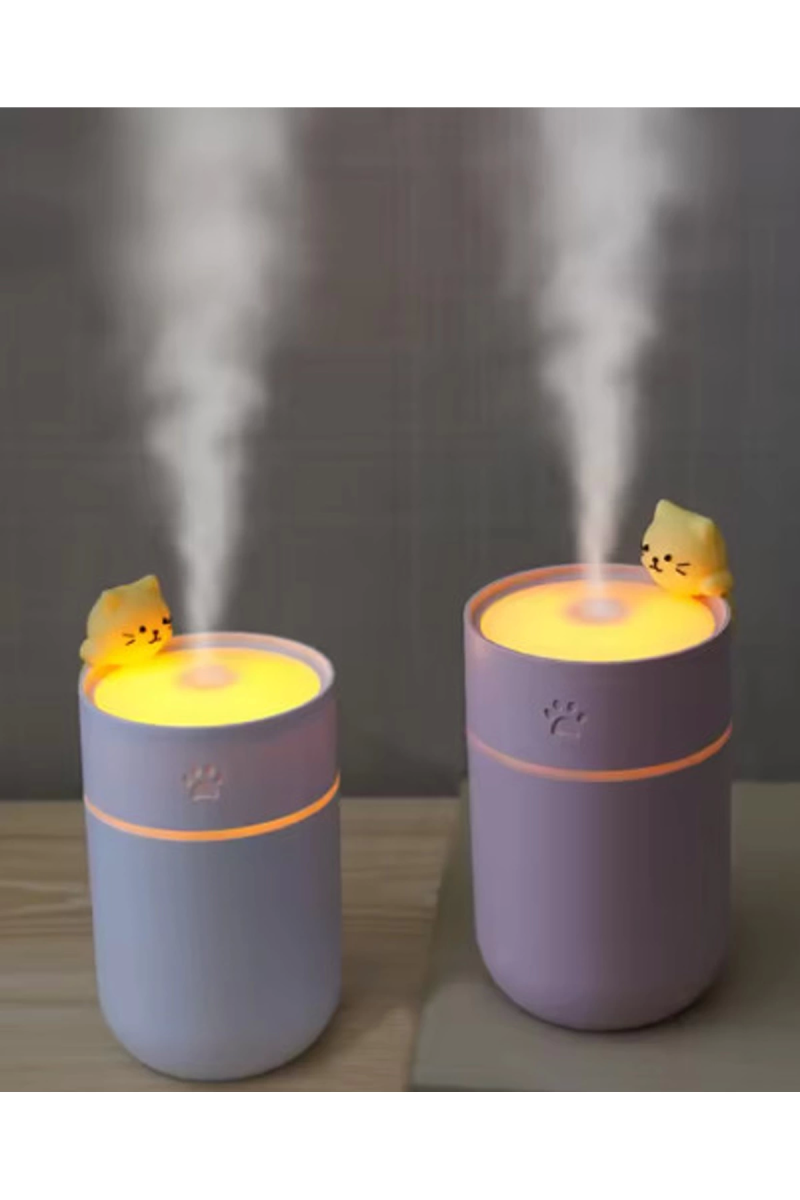 Kedi Karikatürlü Masaüstü Işıklı Hava Nemlendirici Usb Destekli Beyaz - Görsel 2