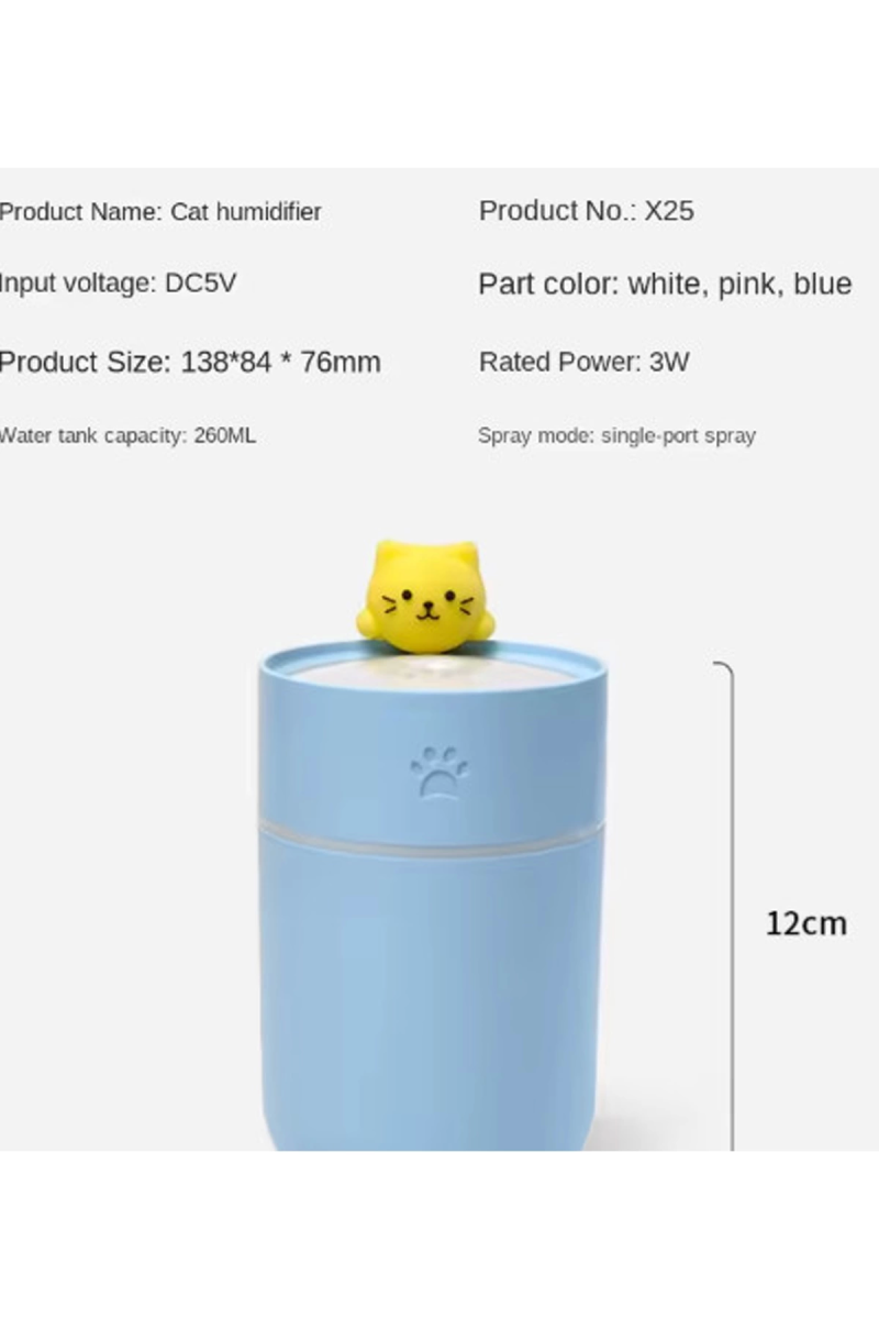 Kedi Karikatürlü Masaüstü Işıklı Hava Nemlendirici Usb Destekli Mavi - Görsel 3