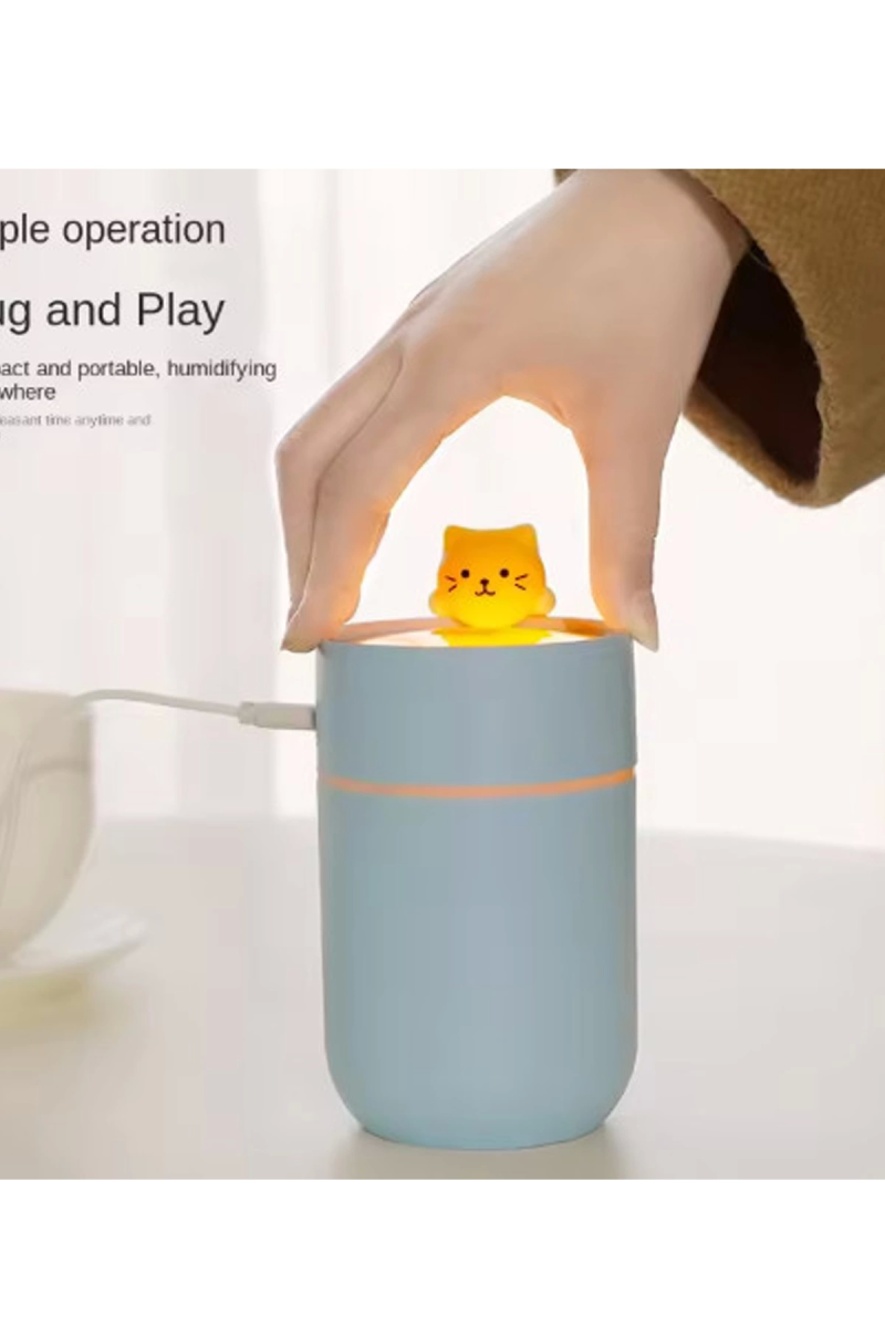 Kedi Karikatürlü Masaüstü Işıklı Hava Nemlendirici Usb Destekli Mavi - Görsel 5