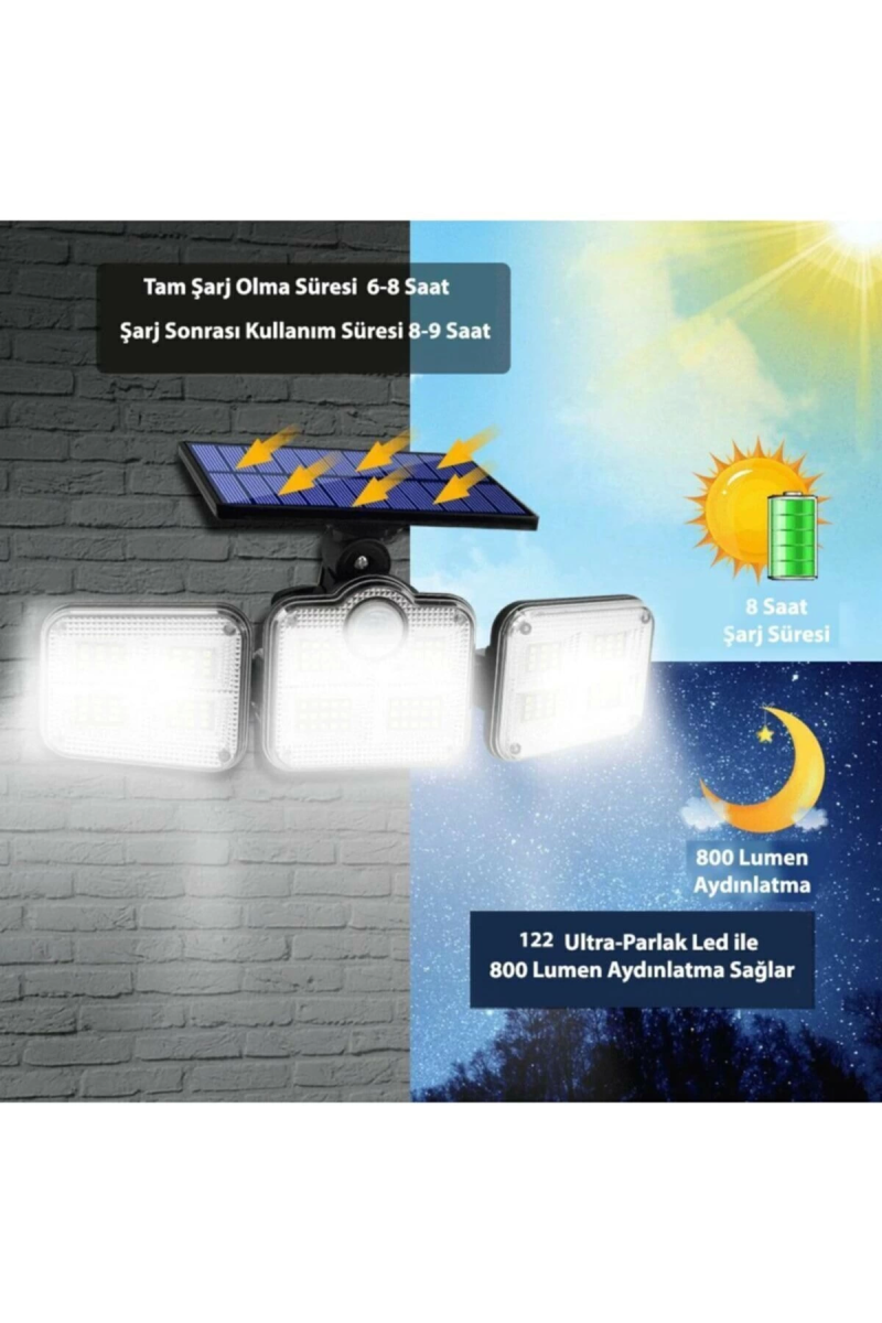 Kumandalı Solar Güneş Enerjili 122 Ledli Hareket Sensörlü Bahçe Aydınlatma Sokak Lambası - Görsel 4