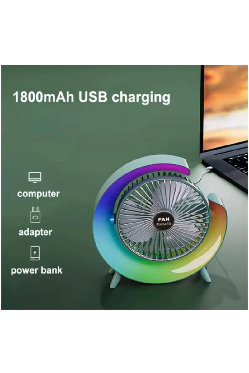 Masaüstü Vantilatör Usb Şarjlı Rgb Led Işıklı 3 Kademeli 180° Ayarlanabilir Soğutucu Fan Pembe - Görsel 2