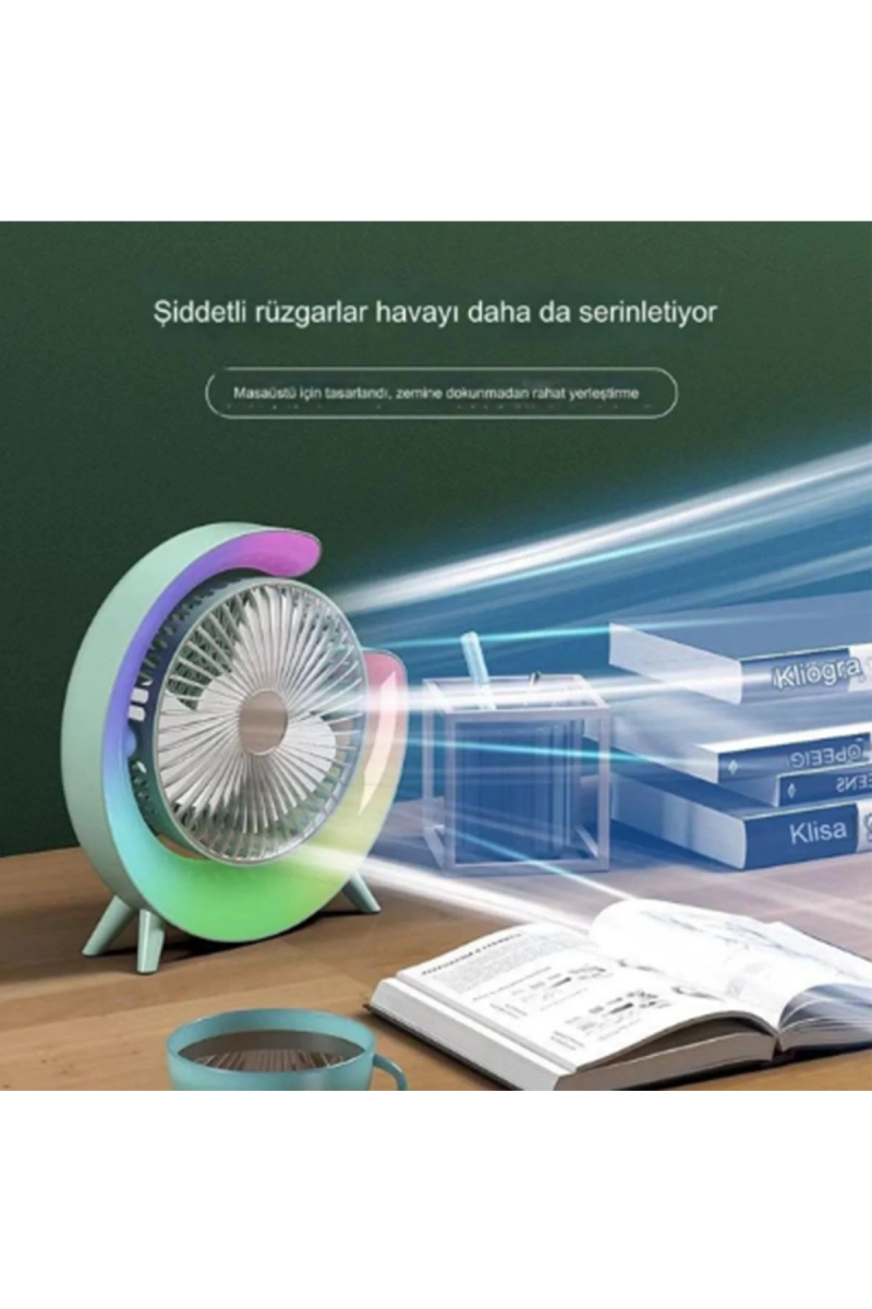 Masaüstü Vantilatör Usb Şarjlı Rgb Led Işıklı 3 Kademeli 180° Ayarlanabilir Soğutucu Fan Pembe - Görsel 5