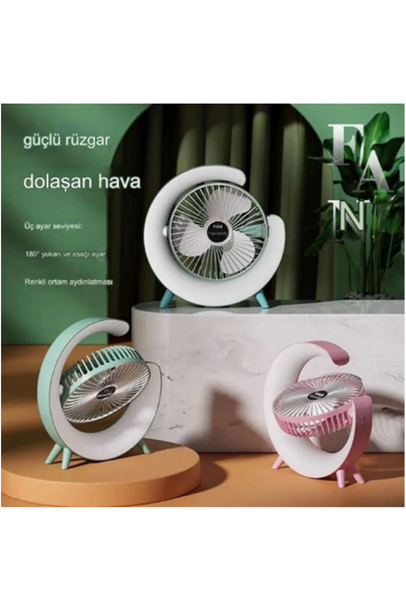 Masaüstü Vantilatör Usb Şarjlı Rgb Led Işıklı 3 Kademeli 180° Ayarlanabilir Soğutucu Fan Pembe - Görsel 6