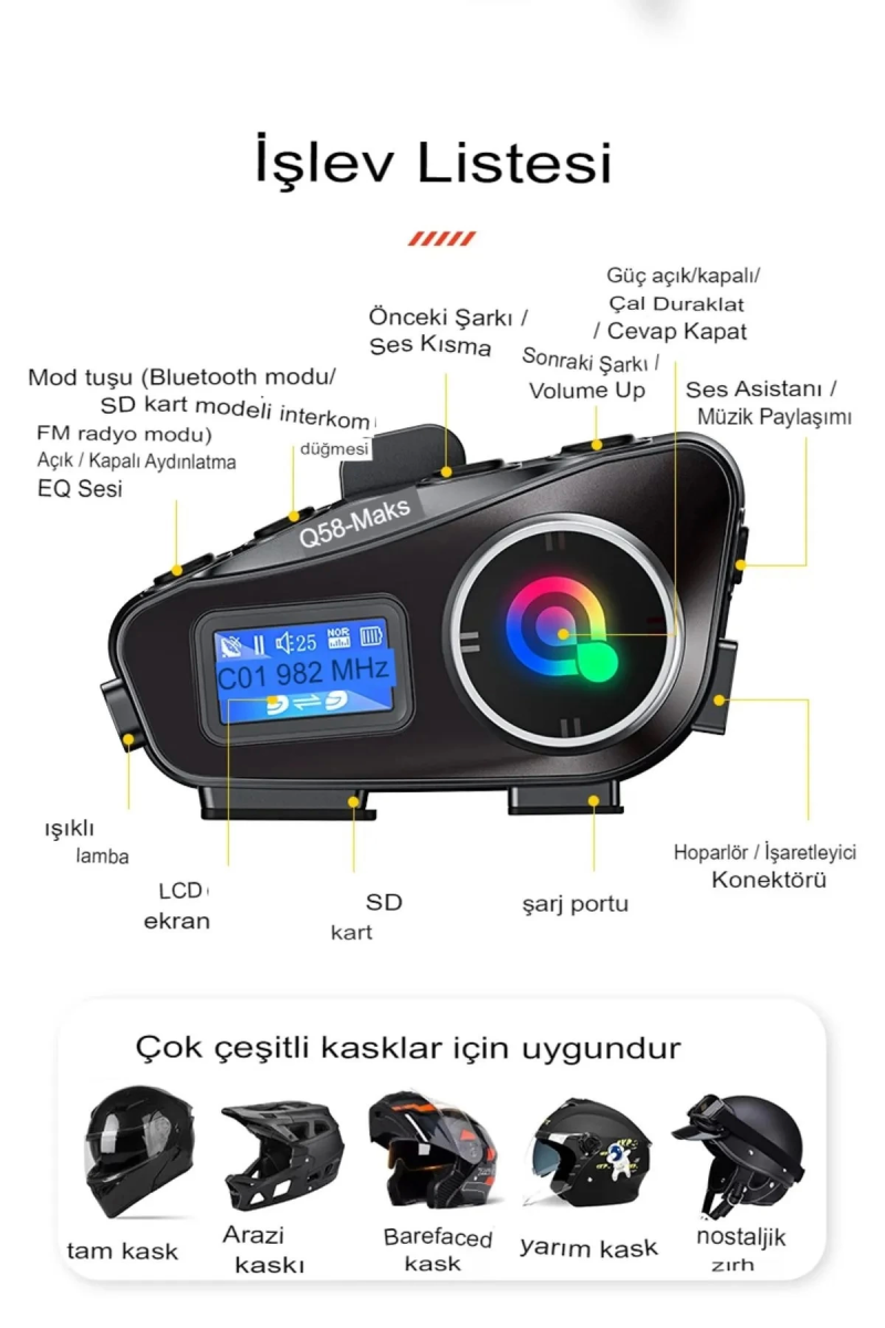 Q58-max Radyolu 2 Kişi Bağlantılı Bluetooth Kask Kulaklık Ekranlı Fenerli Müzik Ve Telsiz Intercom - Görsel 2