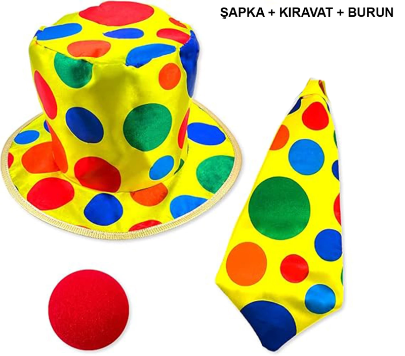 Renkli Palyaço Kostüm Seti – 3 Parça Aksesuar (şapka