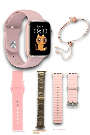 G9 Mini Rose Gold 41mm Kadın Akıllı Saat 3 Kordon Ve Bileklik Hediyeli Akıllı Saat