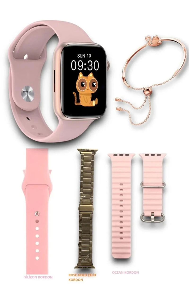 G9 Mini Rose Gold 41mm Kadın Akıllı Saat 3 Kordon Ve Bileklik Hediyeli Akıllı Saat