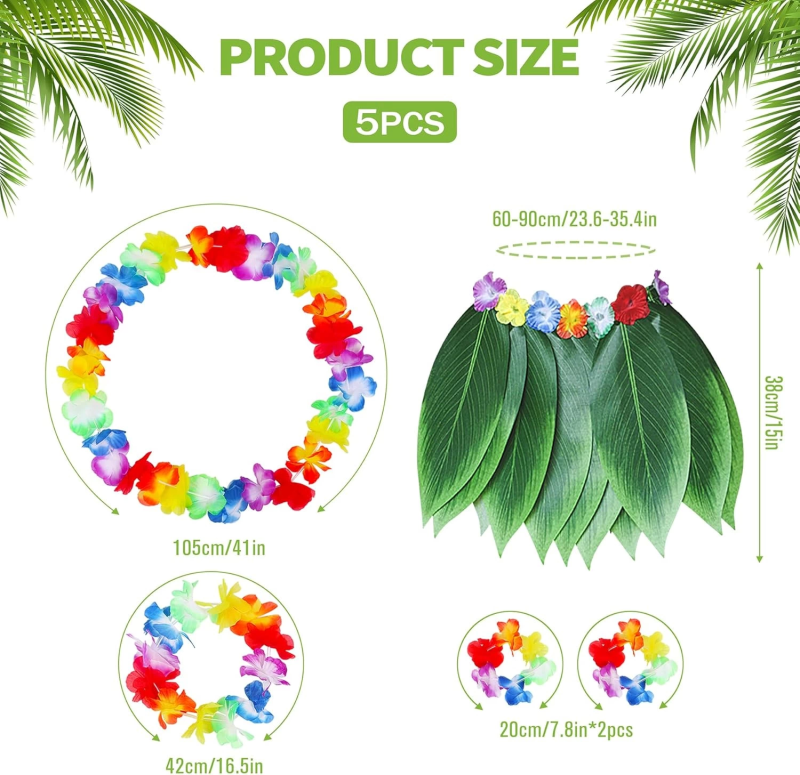 Yetişkin Hawaii Kostüm Seti - Yaprak Etek  Hawaii Set - 5 Parça - Görsel 2