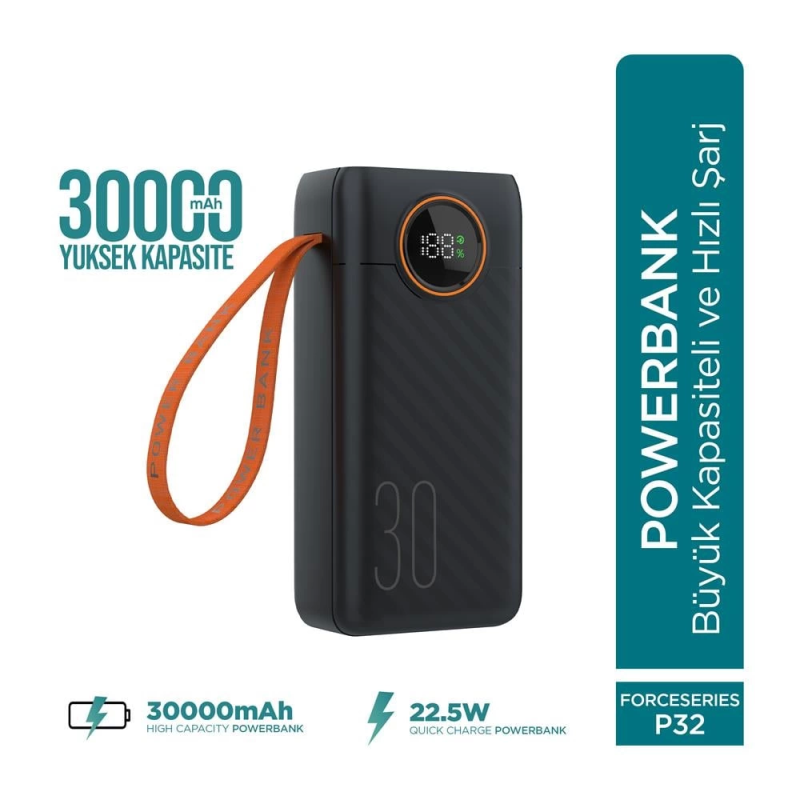 Force P32 30000mah 22.5w Hızlı Şarj Cihazı - Dahili Kablolu  - Fast Powerbank  - Dijital Ekran - Taşınabilir Şarj Cihazı - Görsel 2