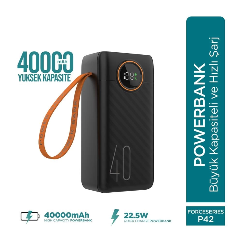 Force P42 40000mah 22.5w Hızlı Şarj Cihazı - Dahili Kablolu  - Fast Powerbank  - Dijital Ekran - Taşınabilir Şarj Cihazı - Görsel 2