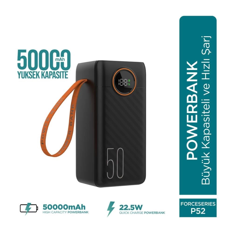 Force P52 50000mah 22.5w Hızlı Şarj Cihazı - Dahili Kablolu  - Fast Powerbank  - Dijital Ekran - Taşınabilir Şarj Cihazı - Görsel 2