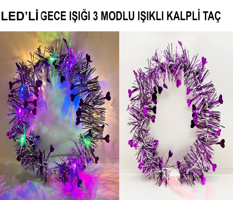 Kalp Püsküllü Gece Parıltısı 3 Modlu Led39li Işıklı Taç Mor Renk - Görsel 3