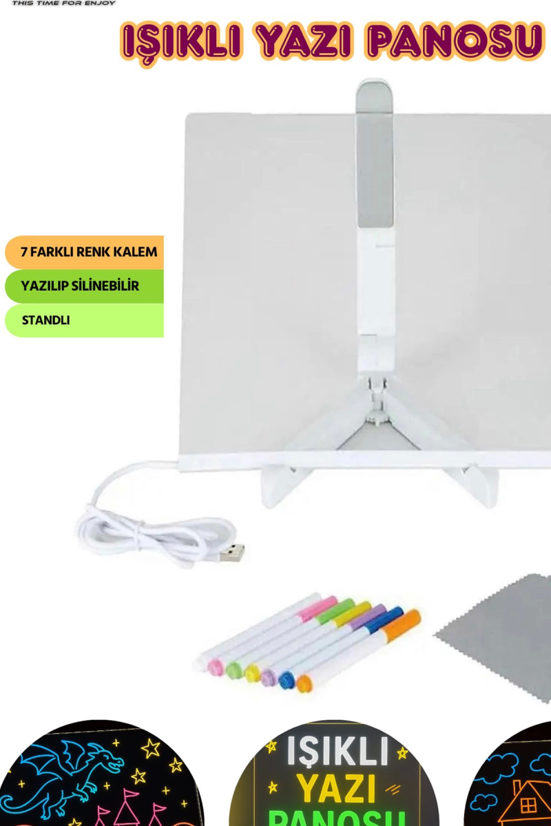 Neon Işıklı 7 Renk Işık Boyama Kalemli Led Resim Panosu Boyama Tahtası Kalemleri 20 X 20 - Görsel 5