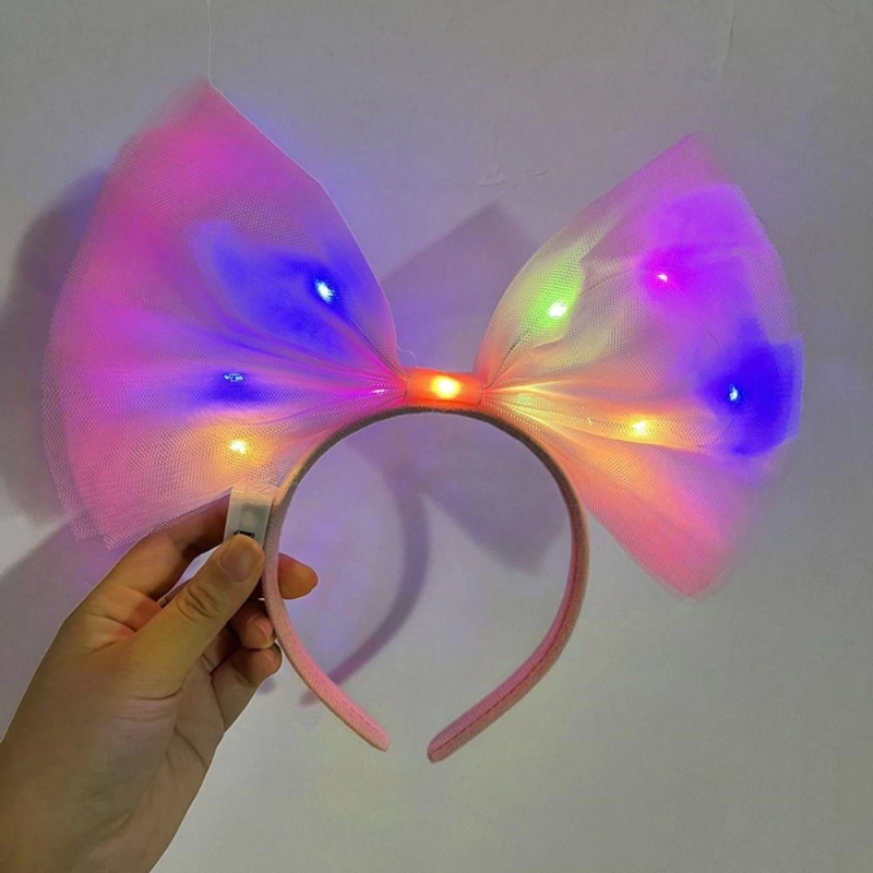 Rengarenk Led Işıklı Fiyonk Şekilli Tül Parti Tacı Pembe Renk 25x25 Cm - Görsel 4