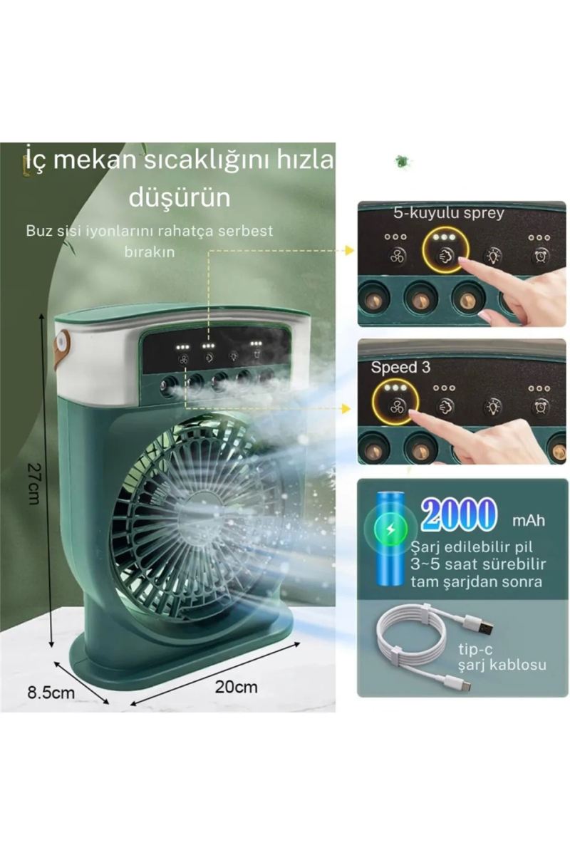 Şarjlı 600 Ml Su Hazneli Taşınabilir Masaüstü Vanilatör Güçlü Fan Ve 2000 Mah Pil Siyah - Görsel 4
