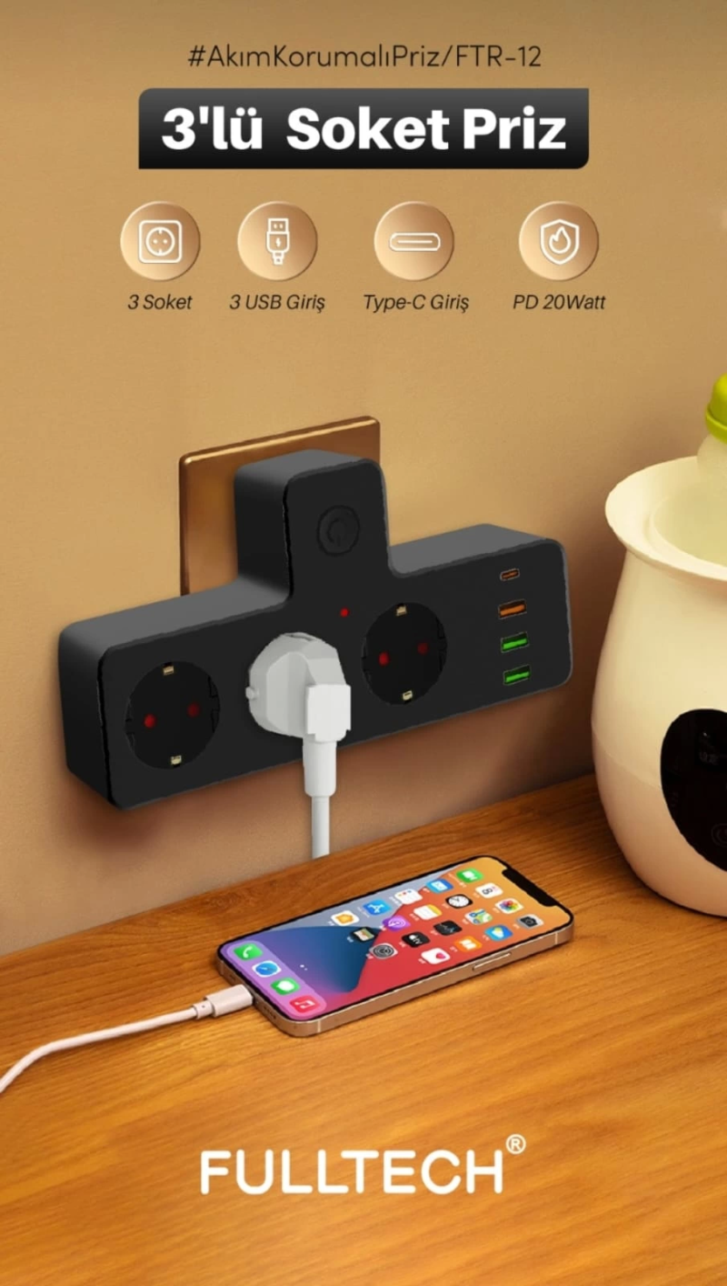 Termal Akım Korumalı Isıya Dayanıklı 3’lü Priz 3x Usb 1x Type-c - Görsel 2