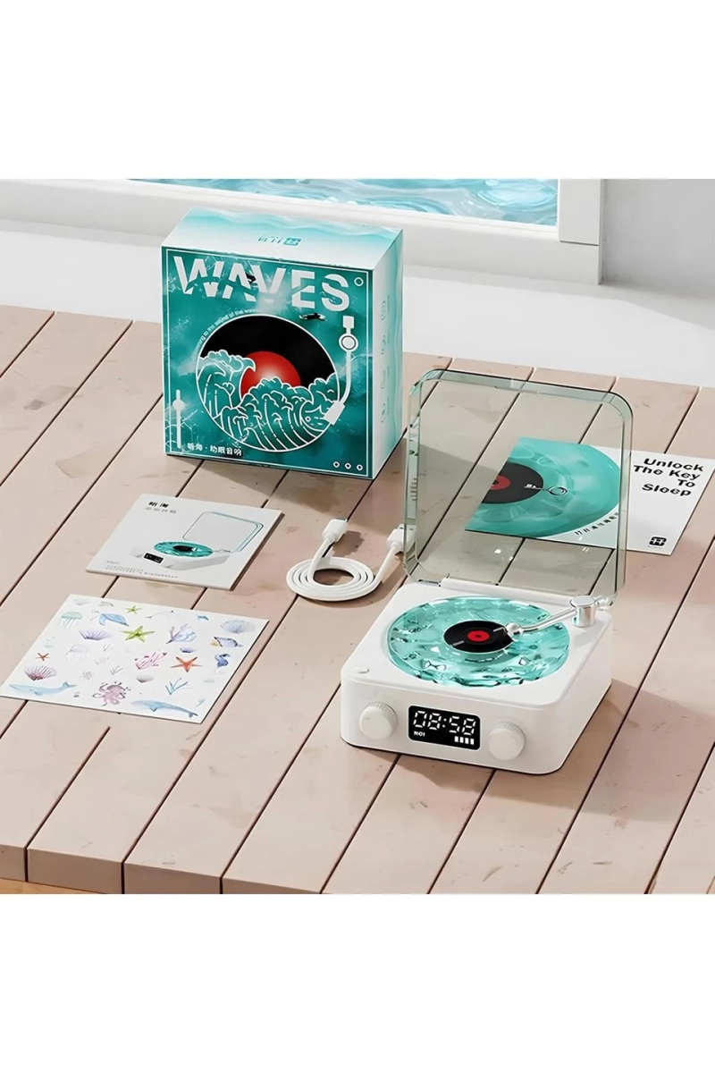Waves Nostalji Plak Görünümlü Bluetooth Hoparlör 3d Ses Dalgası Retro Müzik Plak Mavi - Görsel 4