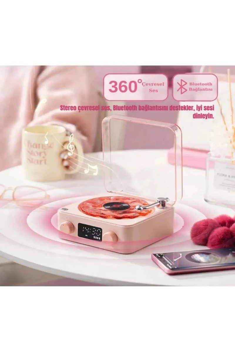 Waves Nostalji Plak Görünümlü Bluetooth Hoparlör 3d Ses Dalgası Retro Müzik Plak Pembe - Görsel 4