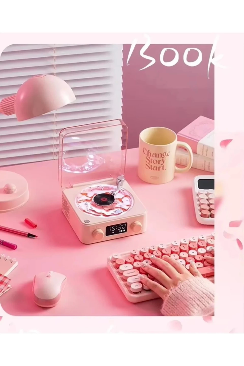 Waves Nostalji Plak Görünümlü Bluetooth Hoparlör 3d Ses Dalgası Retro Müzik Plak Pembe - Görsel 5