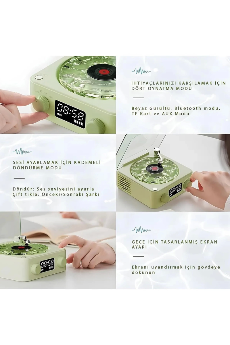 Waves Nostalji Plak Görünümlü Bluetooth Hoparlör 3d Ses Dalgası Retro Müzik Plak Yeşil - Görsel 2