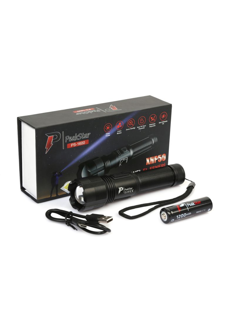 PeakStar Ps-1600 Süper Parlak Led Zoomlu 5 Mod Su Geçirmez Profesyonel Kamp Bekçi Avcı Feneri Kapıda Ödeme