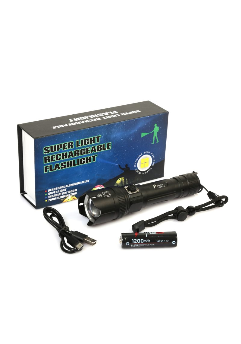 PeakStar Ps-1668 Yüksek Güçlü  Xhp50 Led Usb Şarj Edilebilir Profesyonel Zoomlu El Feneri Kapıda Ödeme
