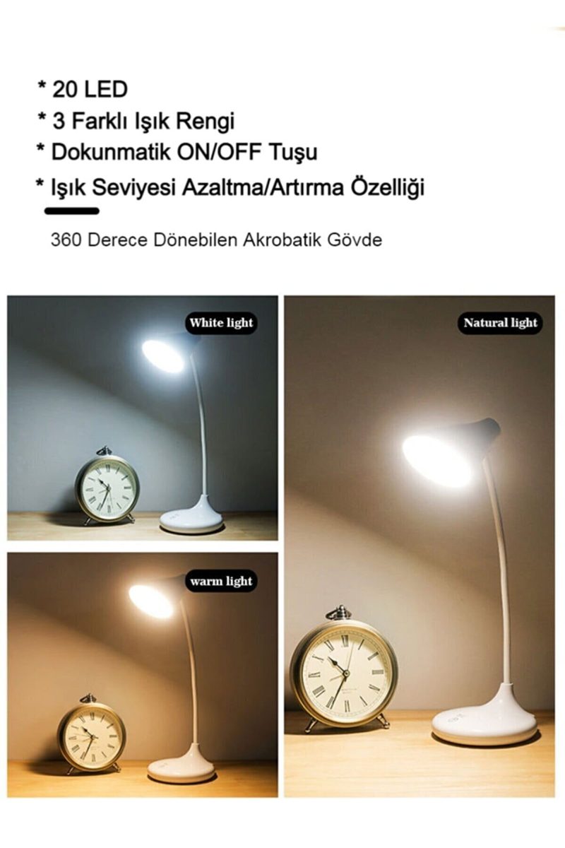 PS-1918 Şarjlı Dokunmatik 20 Led 3 Kademeli Ayarlanabilir Renk Tonu Ve Parlaklık Masa Lambası Kapıda Ödeme - Görsel 3